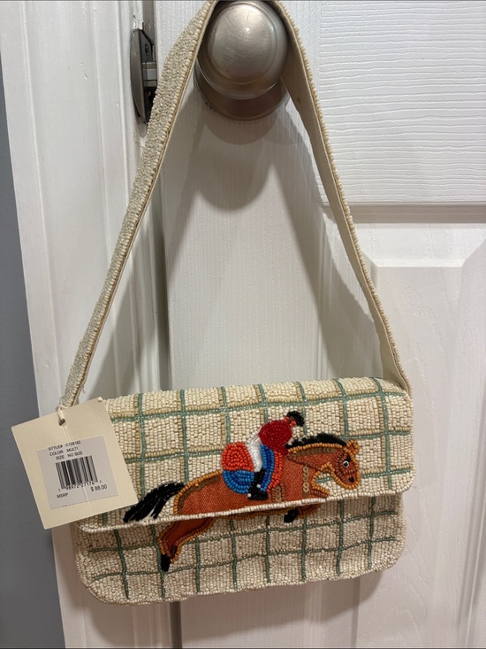 Handbags - Cream Beaded Shoulder Bag with Equestrian Motif